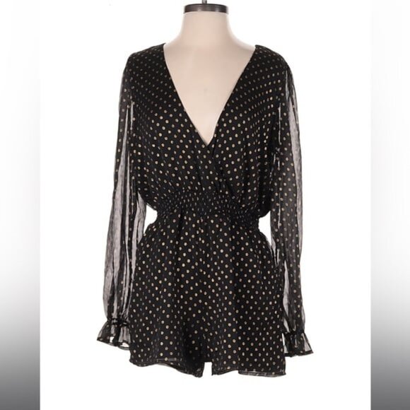 NWT Lulus Evening Gold Dot Chiffon Black Romper - Picture 5 of 6